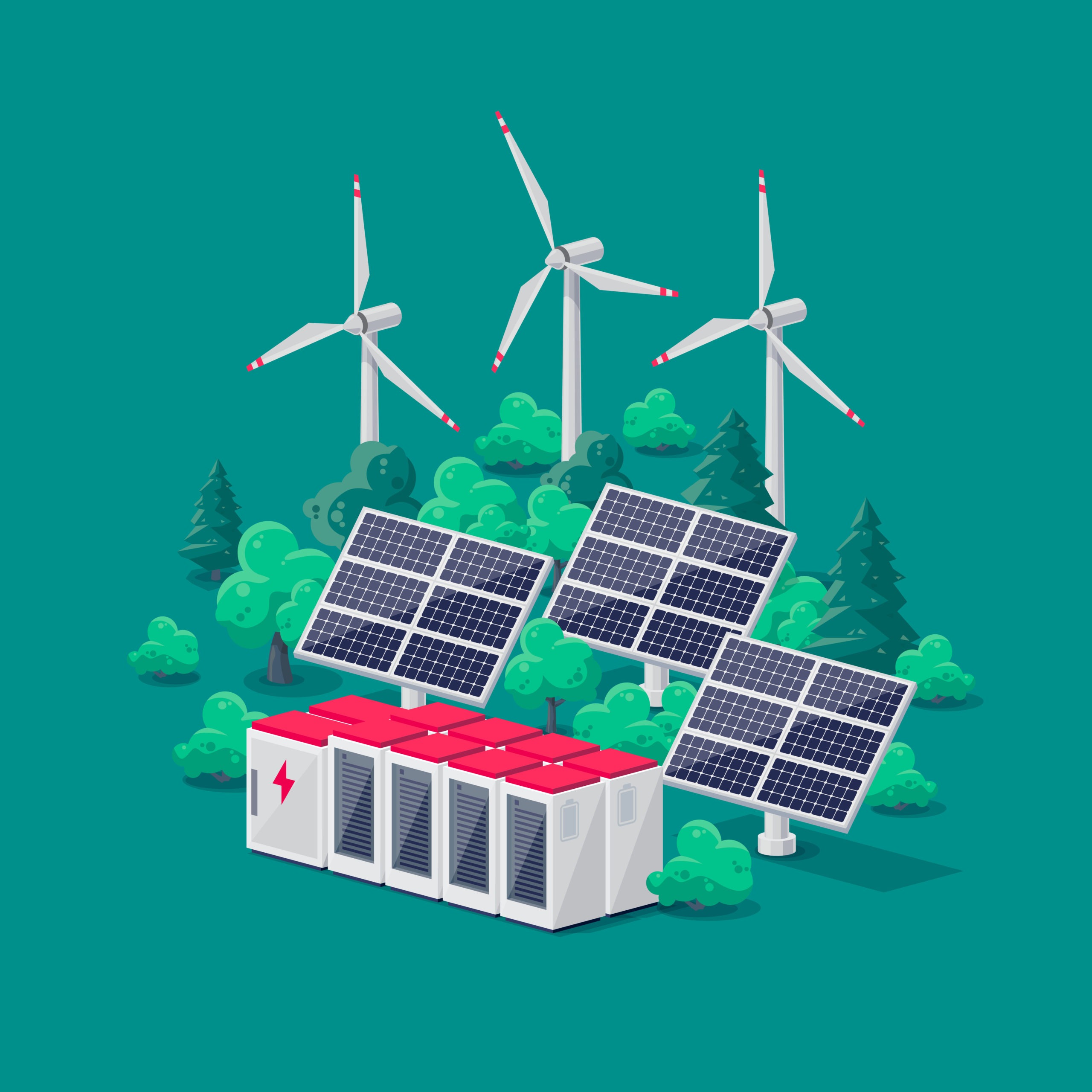Renewable energy electric power station smart grid system. Flat vector illustration of photovoltaic solar panels, wind turbines and rechargeable lithium-ion battery energy storage for off-grid backup.